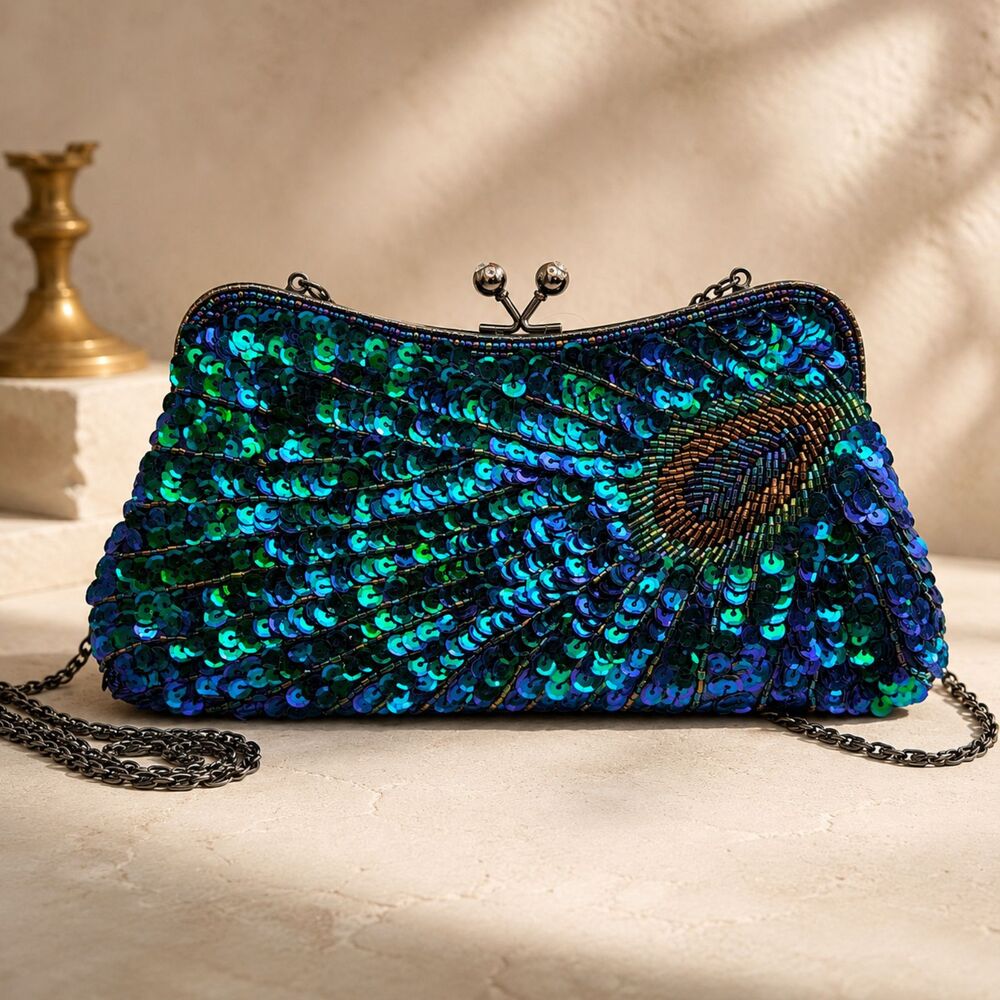 MG Collection Peacock Sequin Evening Bag Iridescent Beaded Glam Clutch Purse
